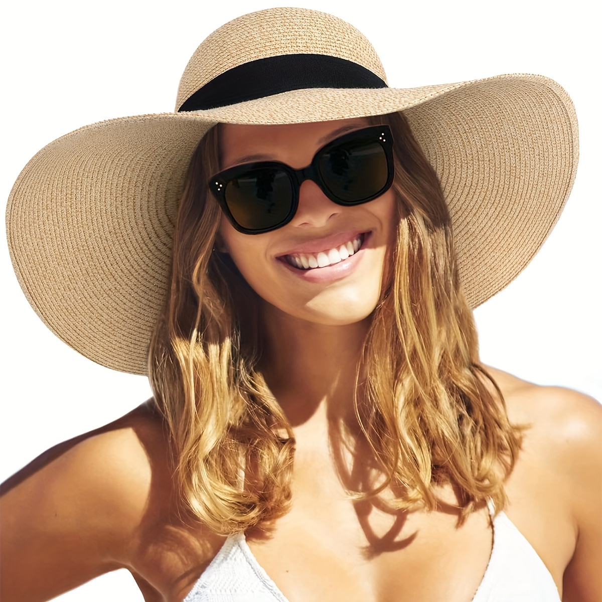 Wide Brim Floppy Straw Sun Hat with Sunglasses & Bows, Foldable Beach Hat 81UkbL1sfyL._AC_UY1000_.jpg main image 3