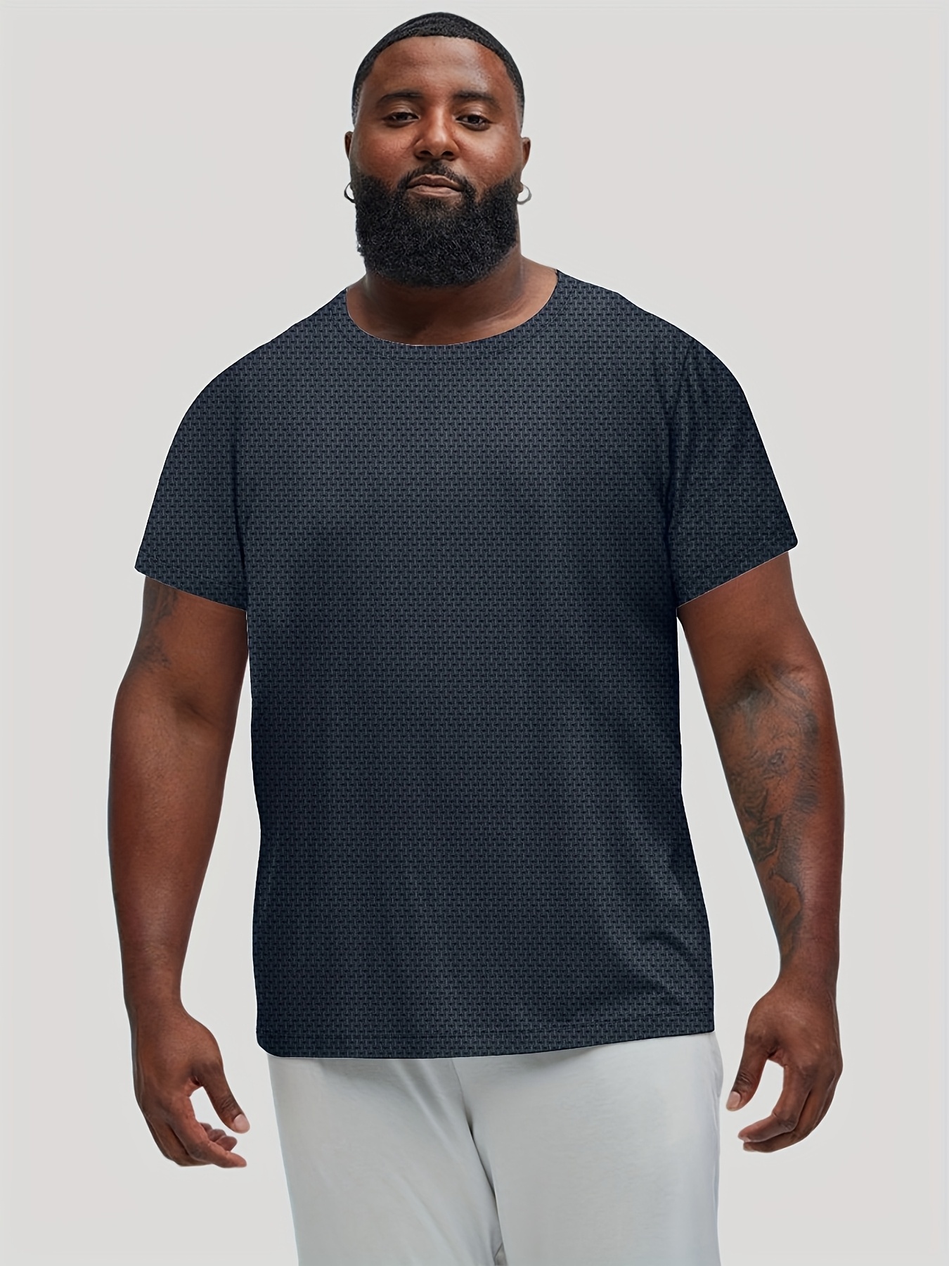 Plus Size Men's Casual Sport T-Shirt - Breathable Jacquard, Machine Washable, Regular Fit Round Neck for Spring Summer Fall Outdoor & Casual Attire, Casual Sportswear | Round Neck Top | Nontransparent Clothing, PLUS SIZE