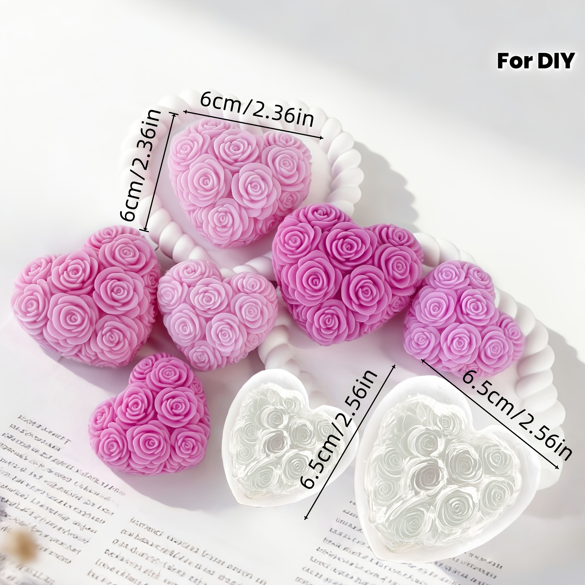 E-shop 1-fach 3D-herzförmige Rosenform mit geschichtetem Rosen-Design, geeignet für DIY-Kerzen-, Harz-, Ton-, Seifenherstellung – wiederverwendbare,