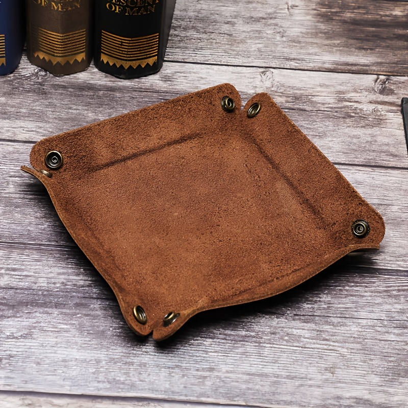 handcrafted   genuine leather square desktop organizer in deep brown featuring 4 snap closures and rounded corners this portable bedside desktop storage box serves as a versatile multi purpose organizer for keys wallets jewelry and small Product details 6