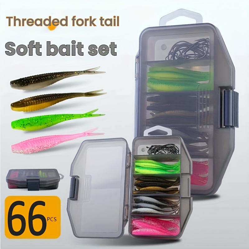TEMU 66pcs Multi-colored Reusable Fishing Bait Set With Tackle Storage Box, Durable Rubber Fishing Kit, Soft Bait Marine Bait, No Battery Required- Suitable For All