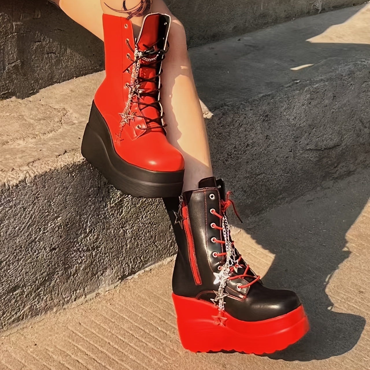 womens gothic punk platform high heel boots red black lace Temu Oman