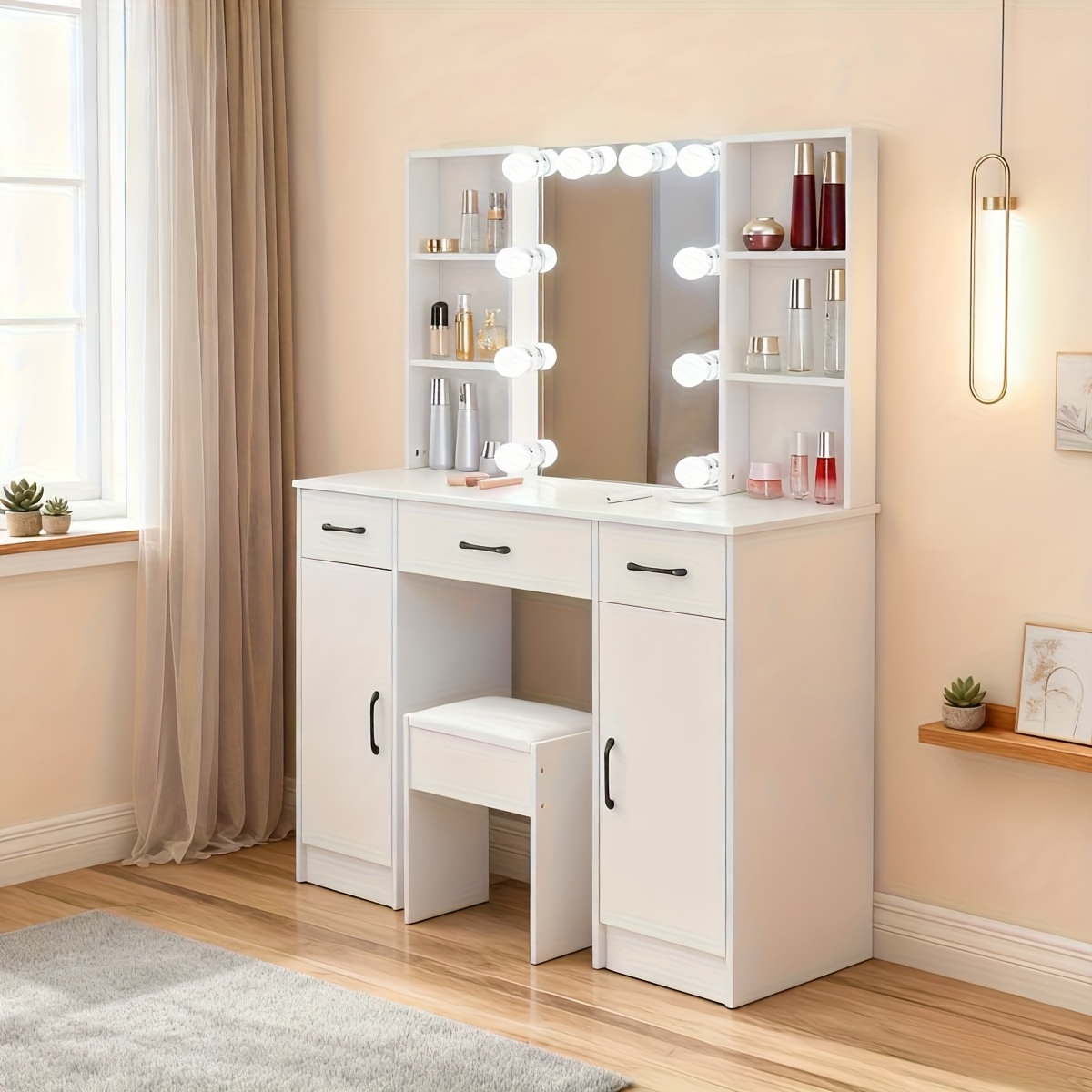 Christmas New Arrival Ladies' Gift: Vanity Table Features Multiple Led Bulbs In , Adjustable Brightness On -up Mirror, Multiple Drawers, Open Shelving, Storage Space. From Local , Ideal For Bedrooms