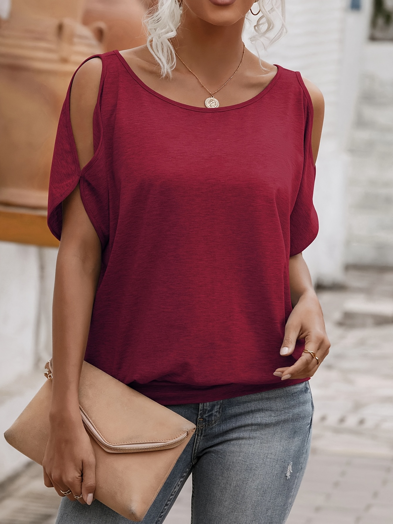 Women'S Light Blue Casual Crew Neck Short Sleeve T-Shirt with Tie-Back Detail - Soft Polyester Summer Top for Casual Attire, Ladies T Shirts