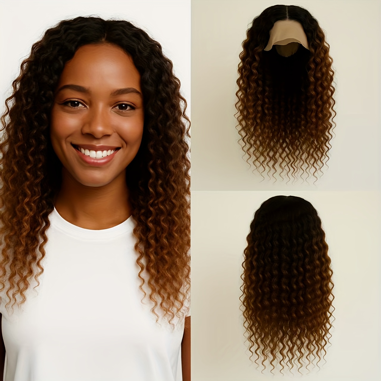 TEMU 16-inch Ombre Brown Deep Wave Lace Front Wig. Curly Synthetic Wig For Women With A Middle Part, Offering A , Soft Texture, And Suitable For Everyday Wear Or Special Occasions.
