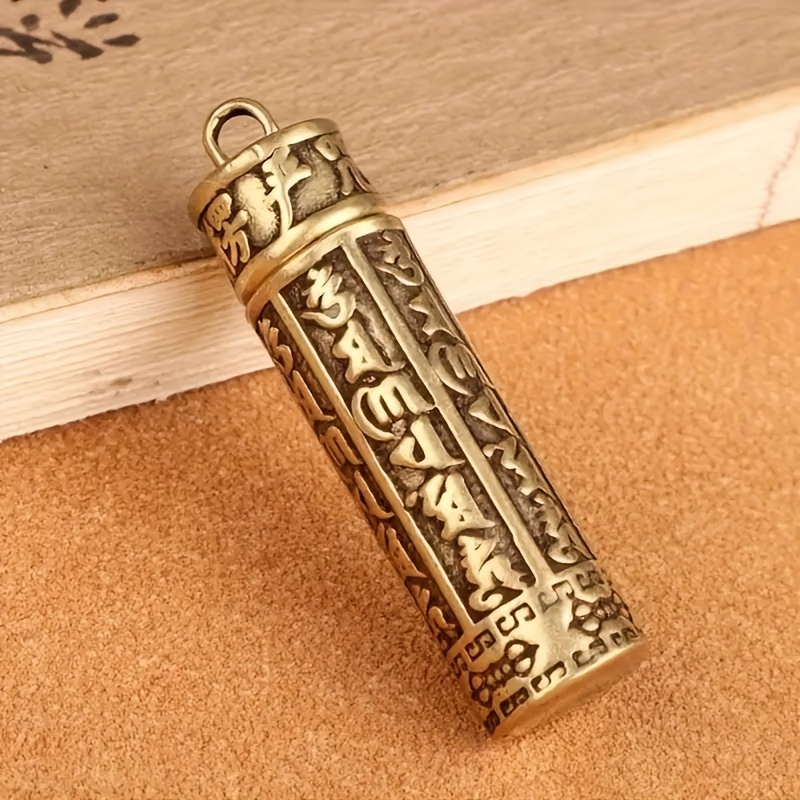 

1pc Retro Brass Cylindrical Pill Box Keychain Pendant For Men, Portable Medicine Container Key Ring