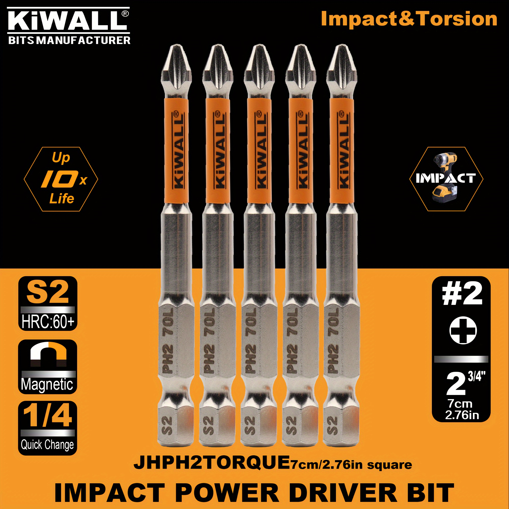 

Kiwall Impact Power Driver Bit Set, 5pcs, #2 Head, 70mm Length, Nickel Material, Rust Resistant, Magnetic, For Home Decor, Manual & Manufacturing Use,