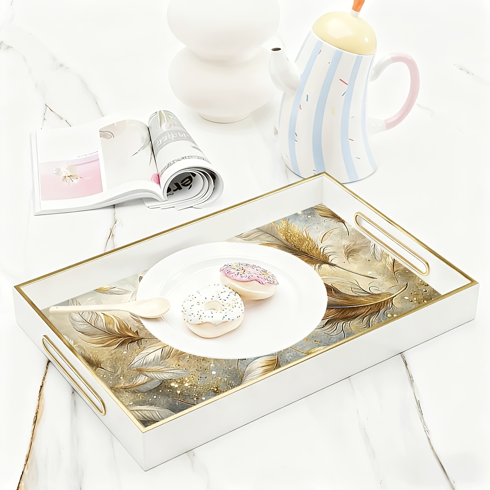 TEMU 1pc Of Glass Decorative Tray Featuring Watercolor Painting Of Golden Feathers, Ideal For Home Decor. It Safeguards Your Desktop And Is Perfect