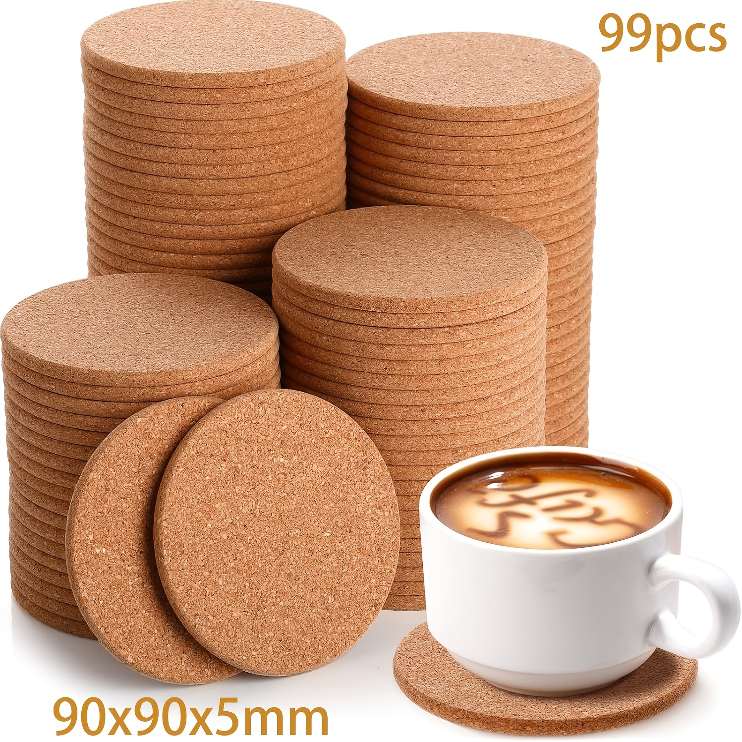 Dofiki 99/199pcs Cork Coasters (90x90x5mm) Absorbent Drink Coasters, Hot Cup Safe Non-slip Surface, Suitable For Laser Engraving, Coffee Table Decor, Kitchen Dining Table, Home Office Use