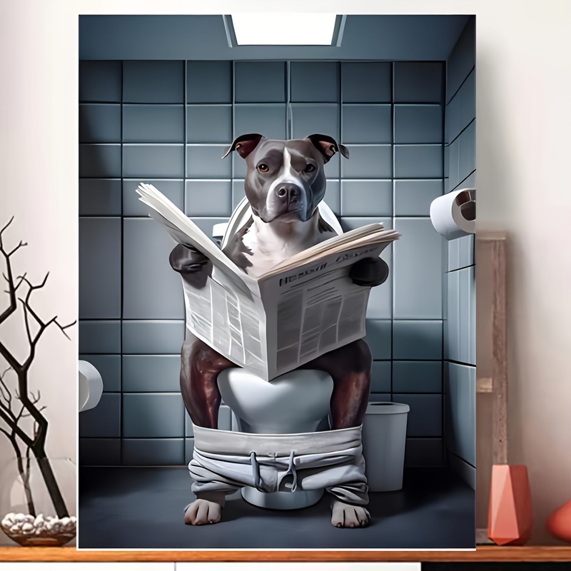 

Glam Style Animal Humor Canvas Wall Art - Dog On Toilet Reading Newspaper Print - Frameless Thanksgiving Decor Ornament For Bathroom, Bedroom, Office - Power-free Canvas Painting Poster