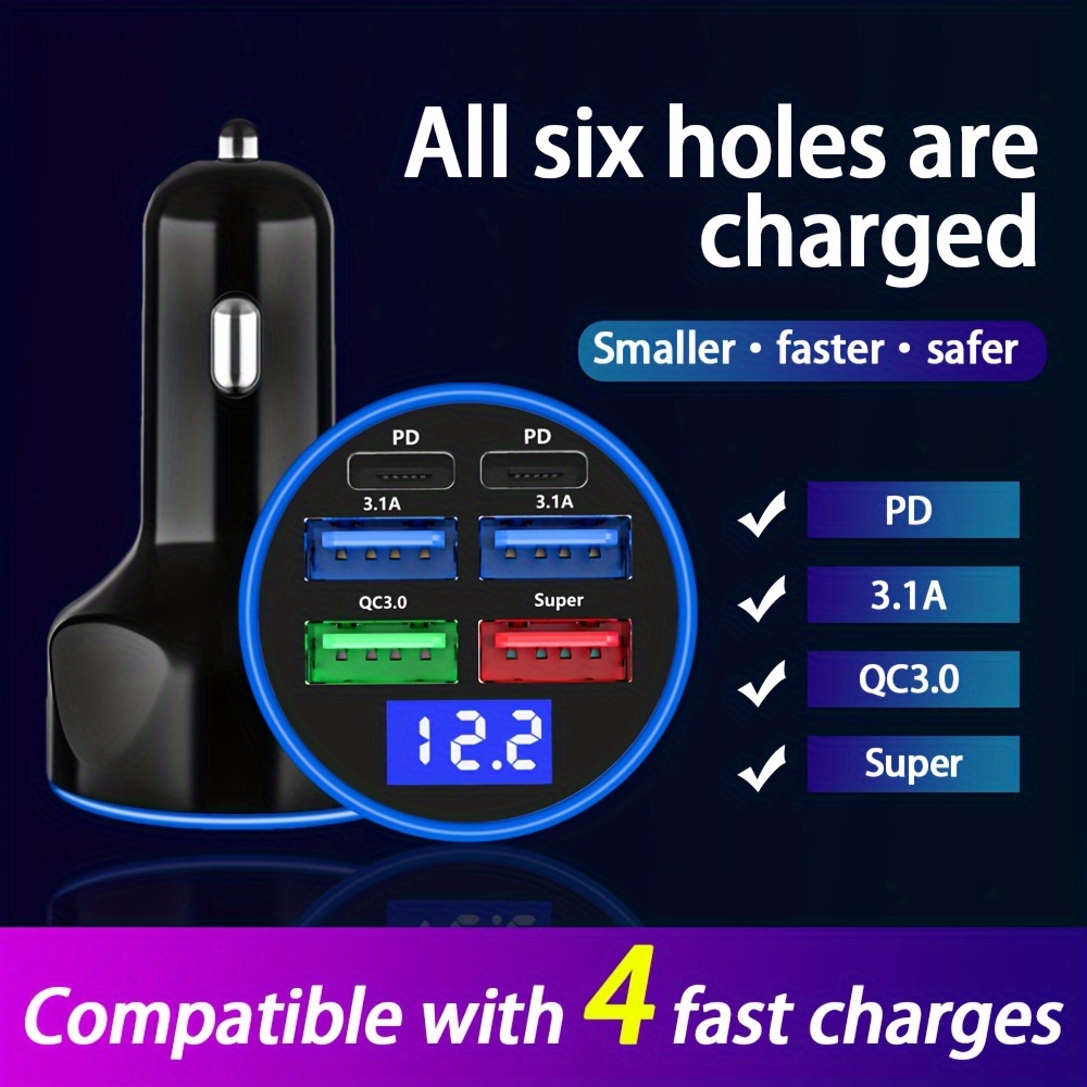 

2pd+4usb Mobile Phone Charger 3.1a Super Fast Charge 1 Tow 6 Car Plugs Converter Head 6 Interfaces 6 In 1 Mobile Phone Charging Adapter Automotive Electronic Accessories