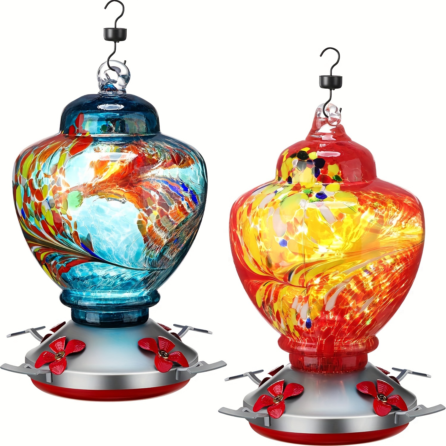 

2 Hummingbird Feeder For Outdoors With Hand Blown Glass, Hand Bird Feeder With Perch, Blue Paintings And Flower, 38 Ounces Including Ant Moat, Metal Hook, Hanging Wires, Brush