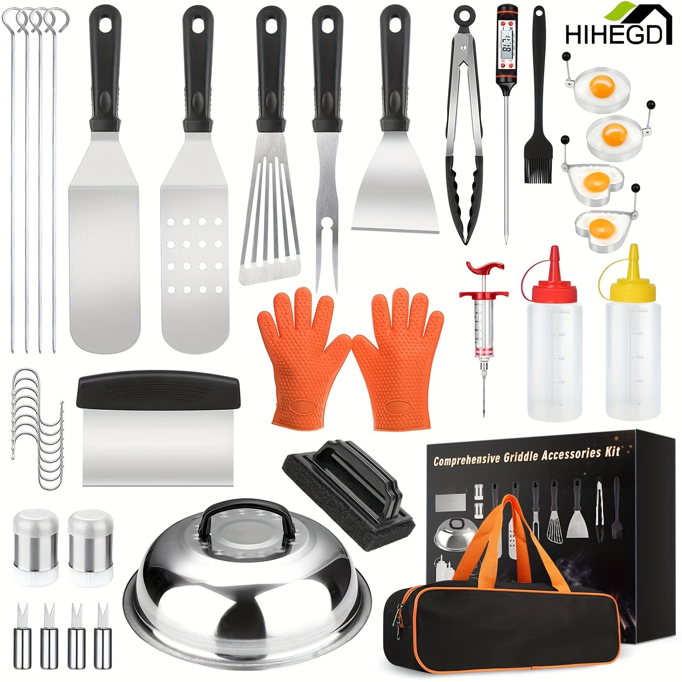 39pcs barbecue tool sets stainless steel griddle accessories kit professional flat   tools set with spatula chopper scraper tongs egg mold basting cover for home kitchen and restaurant kitchen accessories details 0