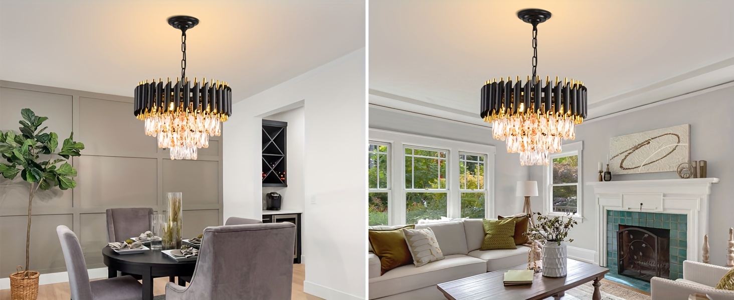 Elegant 3-Tier Black & Golden Crystal Chandelier - Modern Flush Mount Ceiling Light for Living Room, Dining, Bedroom - Adjustable, Easy Install, E12 Base (Bulb Not Included)