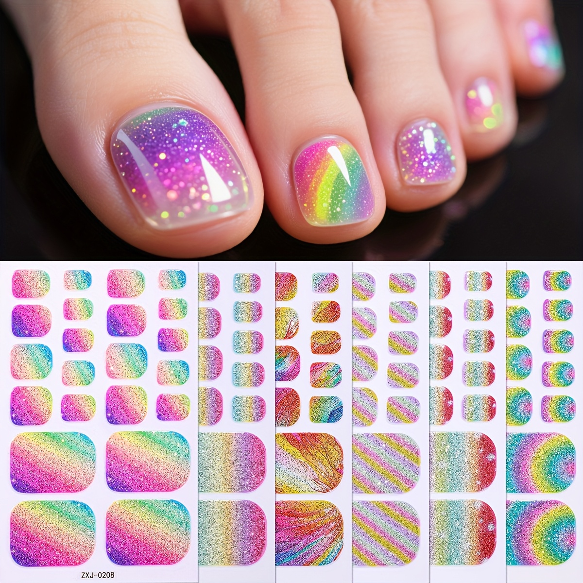 Set Of 6 Rainbow-themed Toe Nail Stickers Featuring Glittery Stripes, Perfect For Spring And Summer. Self-adhesive Strips Are Ideal For Quick Nail Art, Suitable For Women's Concerts And Road Trips