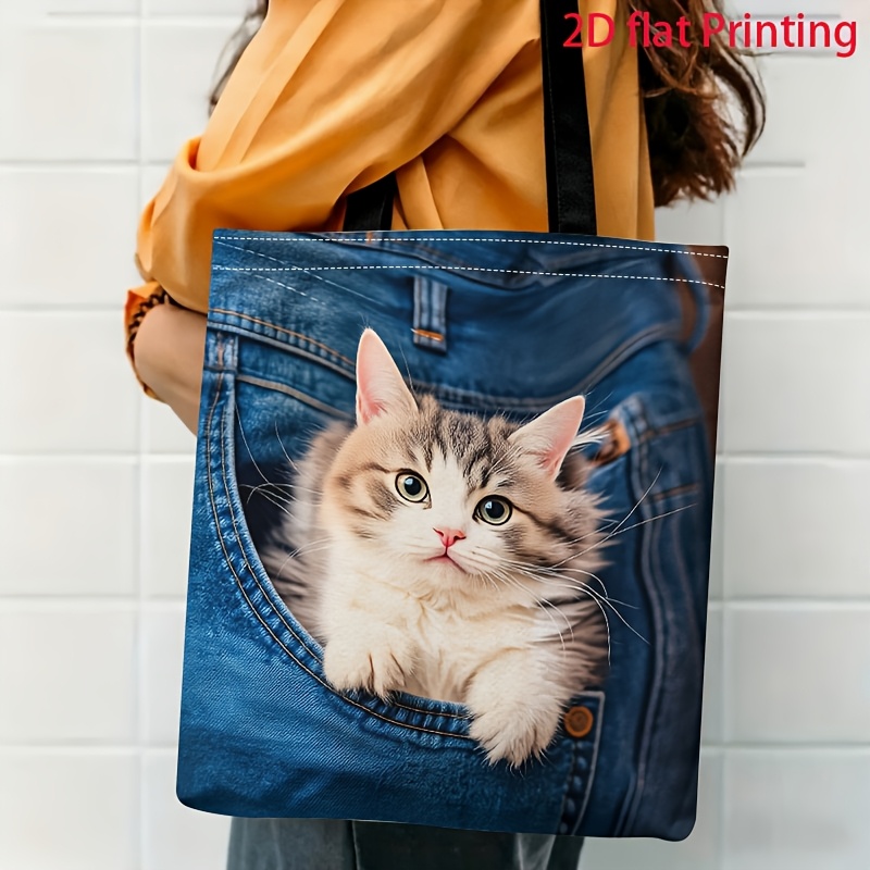 TEMU 1pc 2d Printed Cute Cat Pocket Pattern Shoulder Bag, Stylish Daily Commute Tote Bag, Multifunctional Fashionable Lightweight Large-capacity