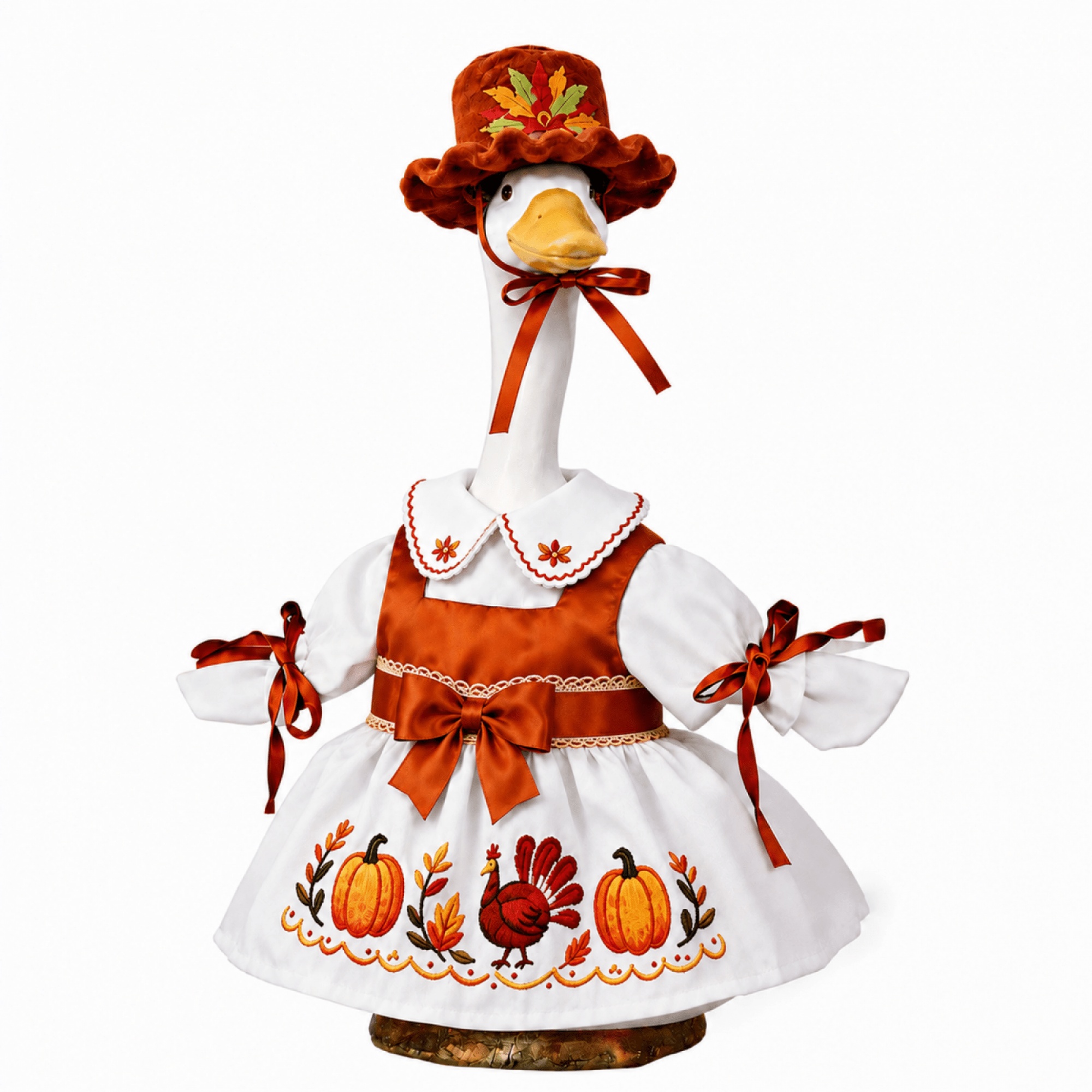 TEMU Thanksgiving 23-inch Goose Dress Set, Vintage Red And White Style Dress With Bow Details And Maple Leaf Hat, Turkey Pumpkin Pattern Costume For