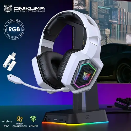 7 1 surround sound wireless gaming headset with rgb lighting detachable mic volume control rechargeable battery compatible with gaming consoles white hexagonal design wireless type c charging