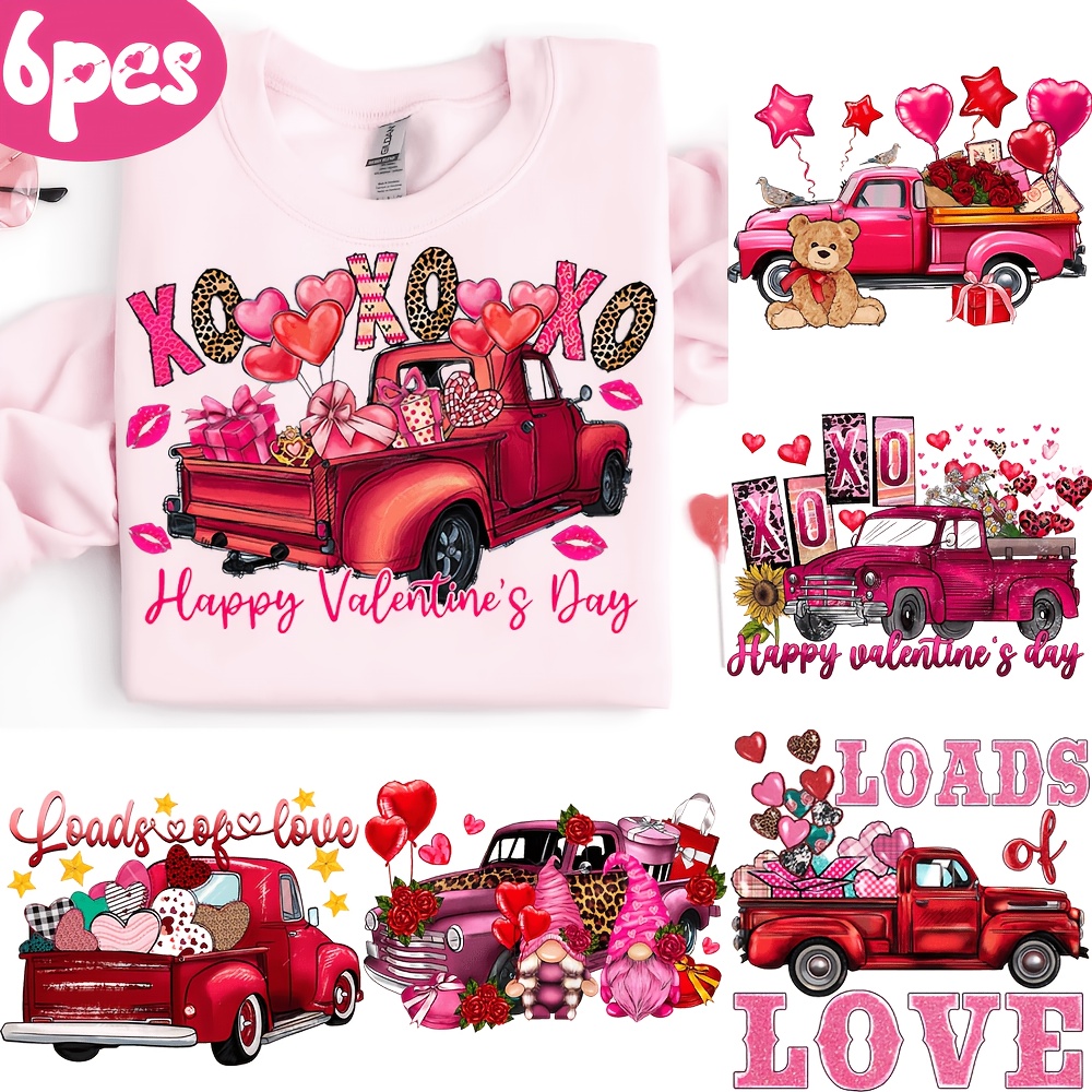 

6pcs Valentine's Day Iron-on Transfer Vinyl Decals - Mixed Color Stickers, Small Town Truck & Love For Crafts And Gifts