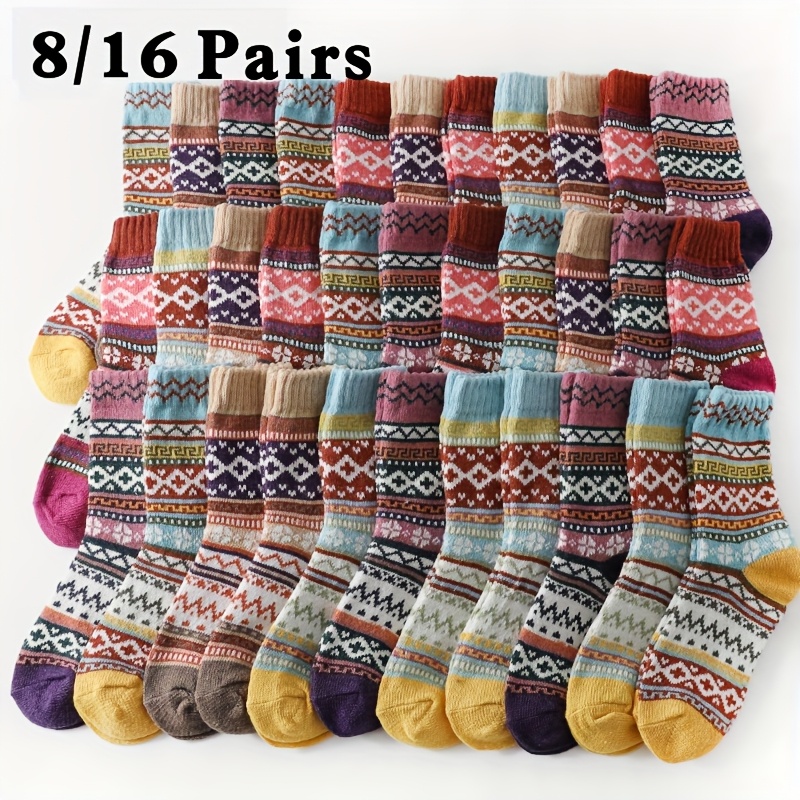 

8/16pcs Vintage Thickened Mid-calf Socks For Women - Soft, Comfortable Polyester With Striped Pattern, Winter