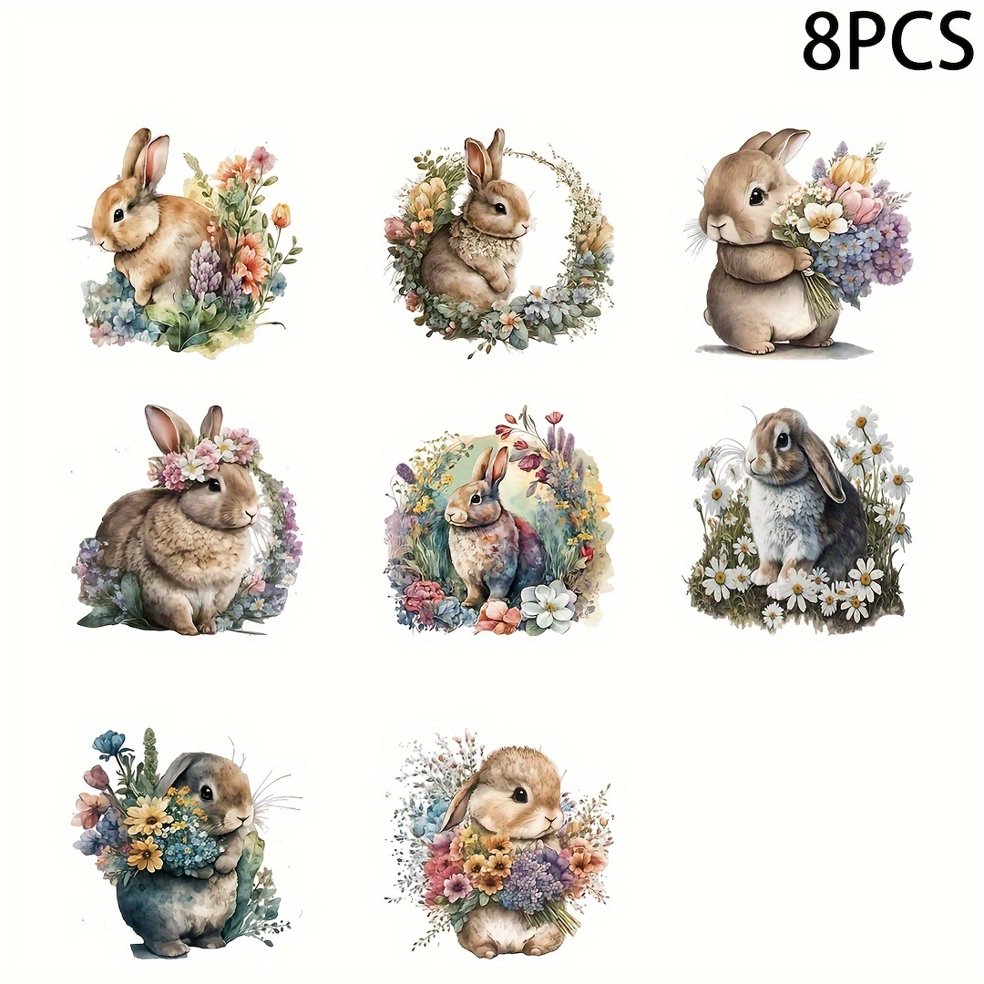 

8pcs Spring Floral Rabbit Cartoon Patterns, Autocollants de transfert UV DTF pour la verrerie , Décalcomanies étanches de haute qualité en vinyle pour la décoration de bouteilles DIY