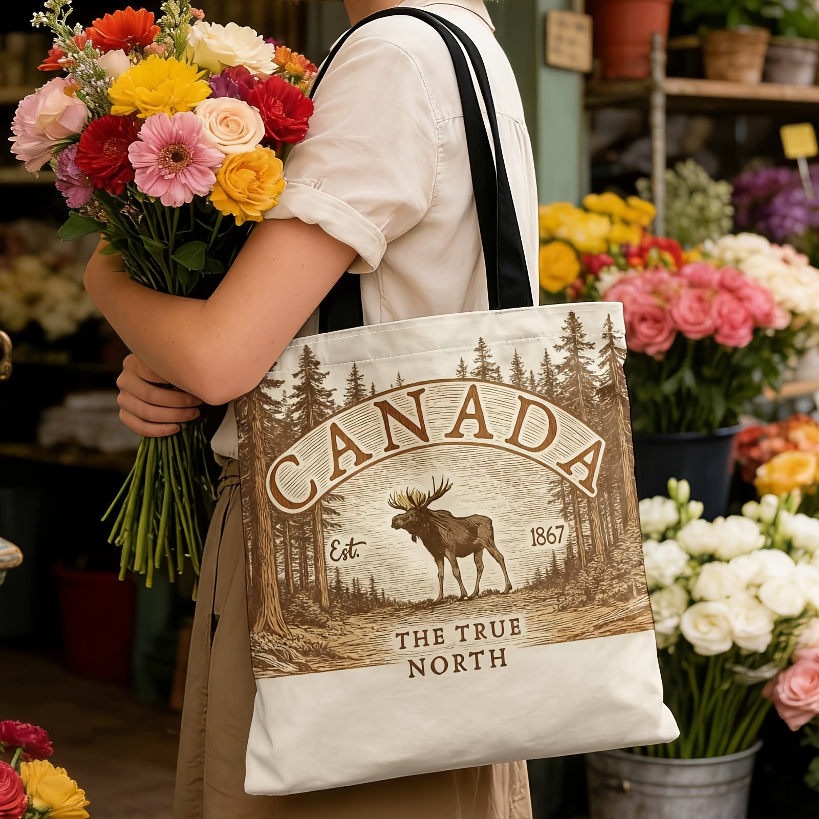 TEMU 1 sac de courses, sac, sac Ed, sac de courses réutilisable et tendance, Canada, Élan, Vrai Nord, adapté aux déplacements quotidiens, aux achats,