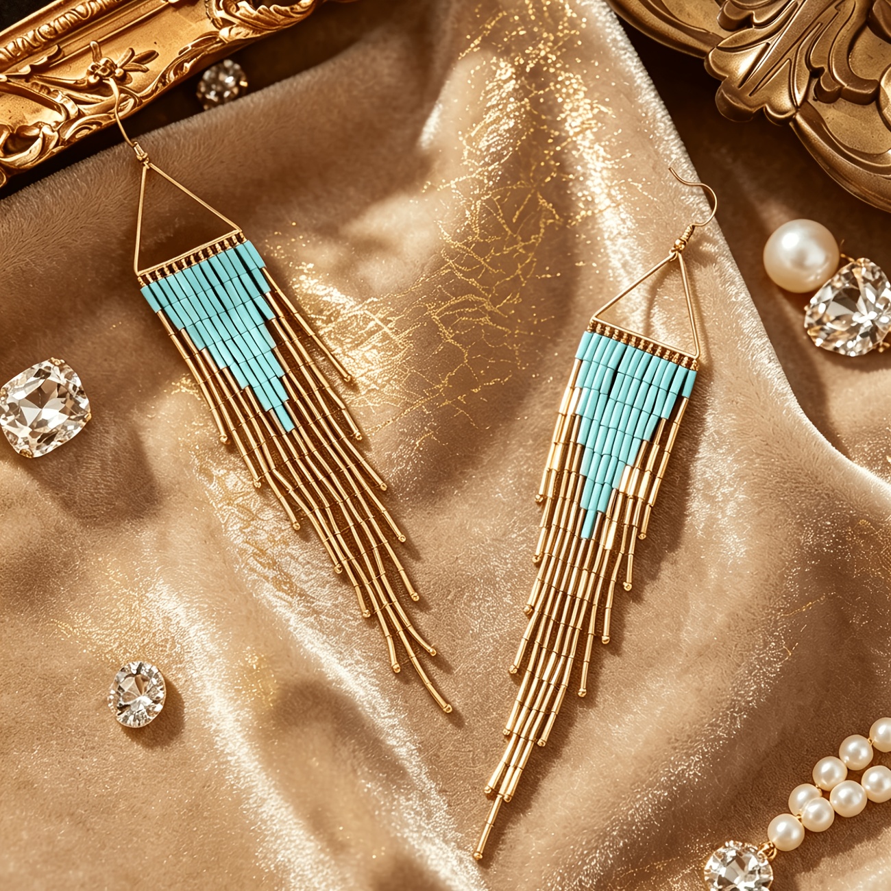 TEMU Une paire de boucles d'oreilles perlées faites à de style bohème, avec des perlés bleu ciel et dorés. Accessoires simples mais pour /été,