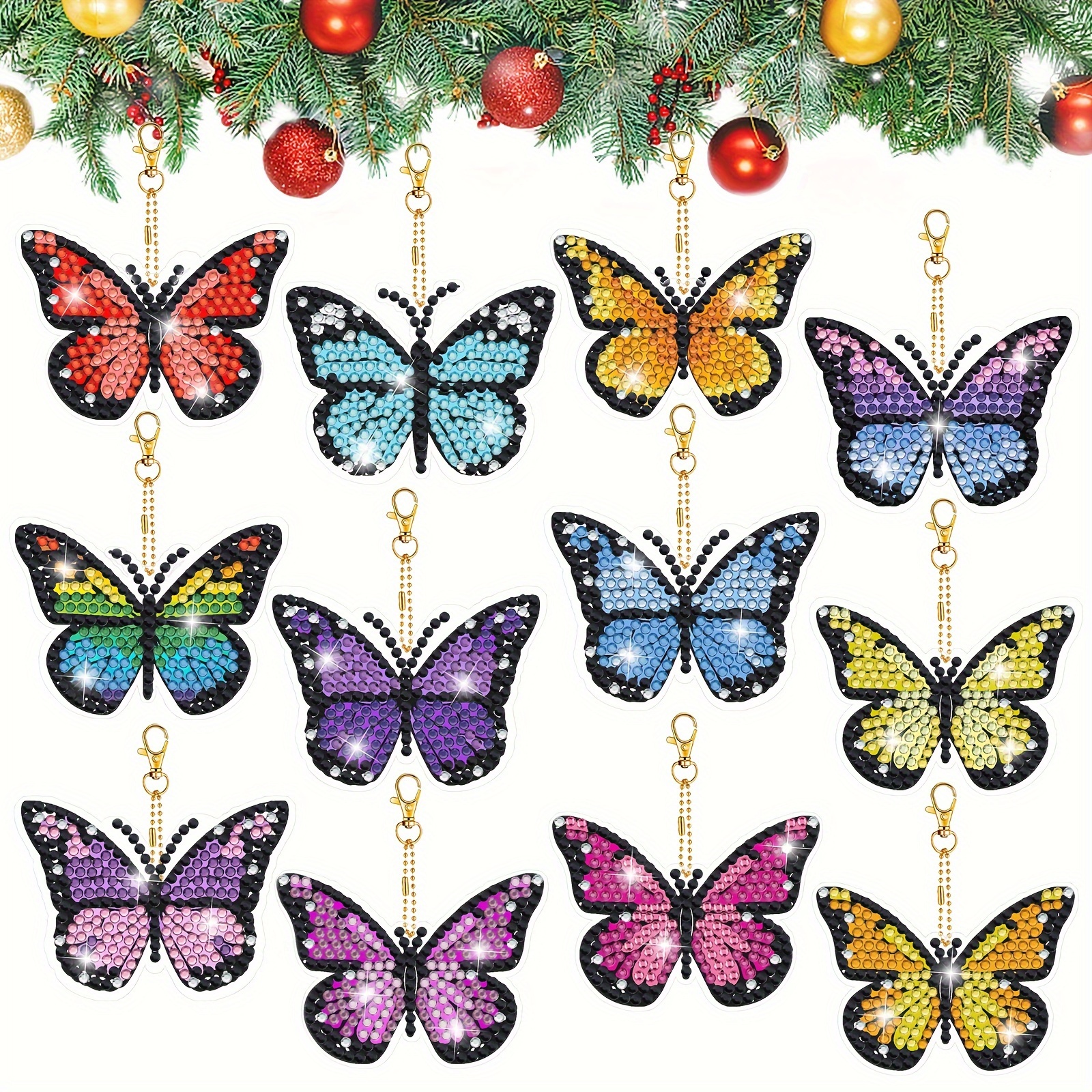 

12pcs Multi-colored Cartoon Butterfly Diamond Art Painting Keychain Pendant Kit Diy Shape Art Flower Basket Mosaic Keyring Backpack Key Chain Decoration Craft Gift For Birthday Party