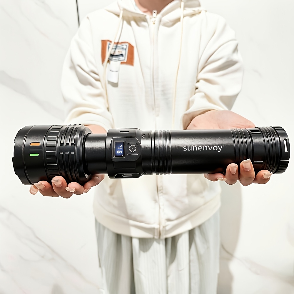 TEMU Handheld Flashlight With Led Display, Usb Charging, Variable Zoom, Multiple Lighting Modes, Equipped With Shoulder Strap, Suitable For Camping,
