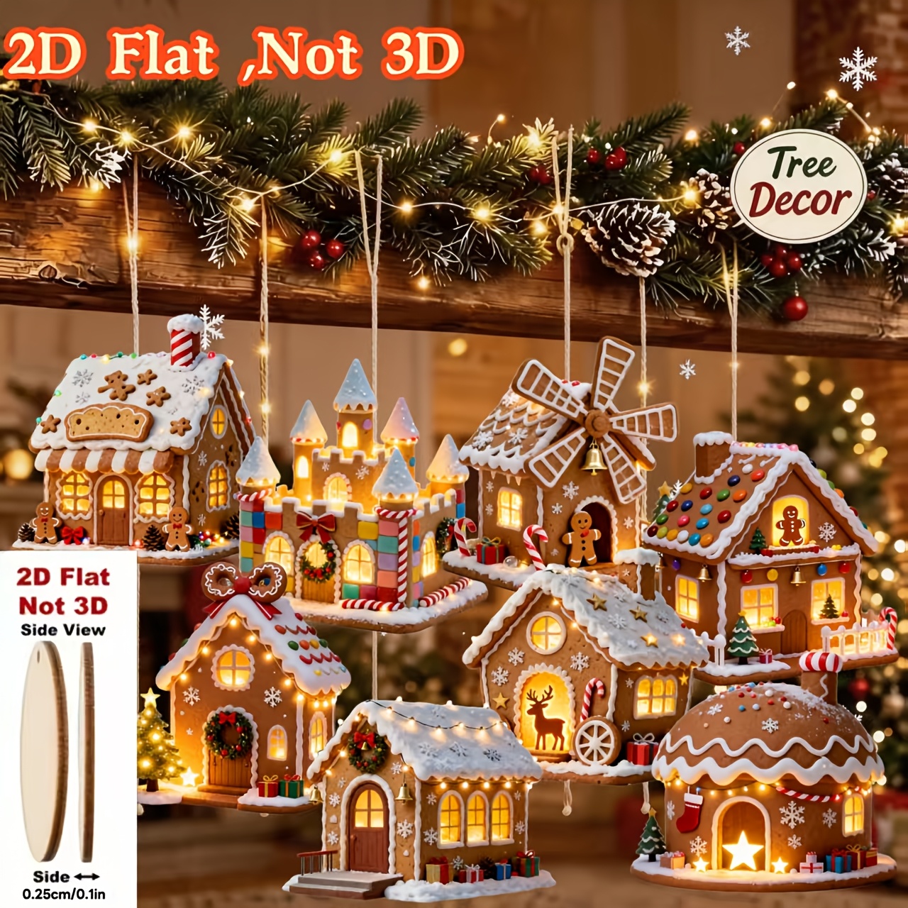 TEMU Decorazioni da appendere in legno 2D piatte, 8 pezzi, con divertente motivo di case di di zucchero, ornamenti per albero di Natale, decorazioni