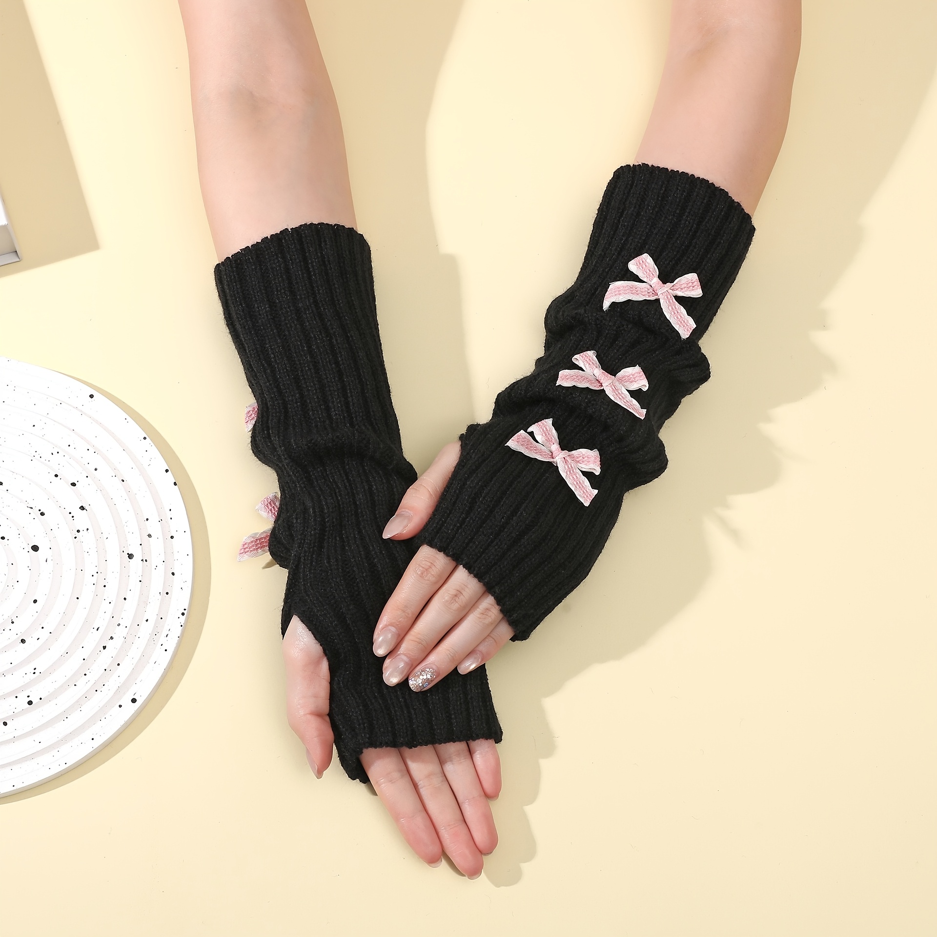 TEMU A Pair Of Women's 30cm Bow Autumn And Winter Warm Gloves College Style Medium And Long Pile Sleeves