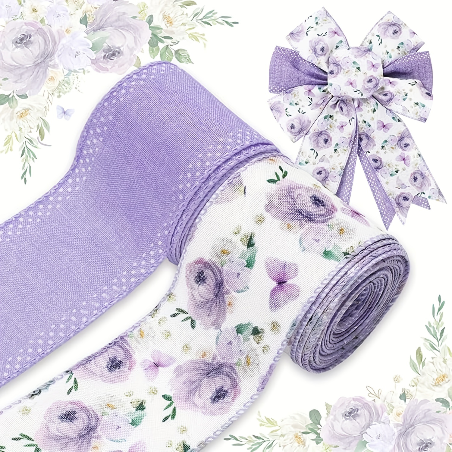 2 Rotoli Nastro Con Bordo Metallico Viola - Fiori Di Campo Per Confezioni Regalo E Ghirlande Fai Da Te, 4.5 Mt