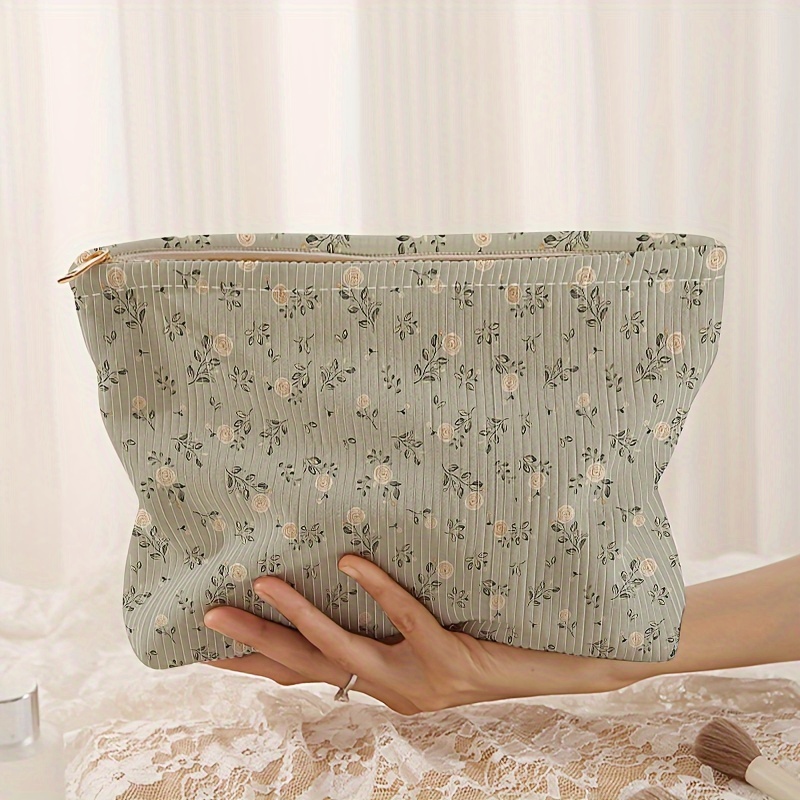 E-shop Grüne Cordbluse mit Blumenmuster, Make-up-Tasche mit Reißverschluss, Aufbewahrungstasche, Leichte Make-up-Tasche, Multifunktionale