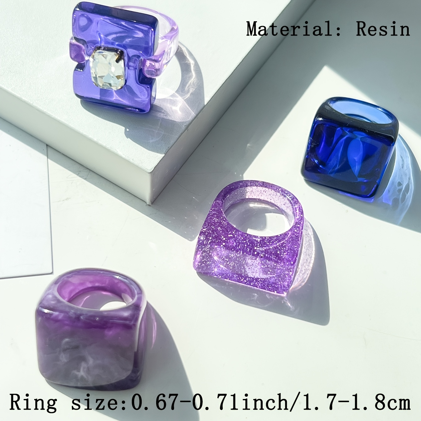 TEMU 4 anillos decorativos brillantes con forma de , hechos de resina y material de en colores contrastantes para que las mujeres los