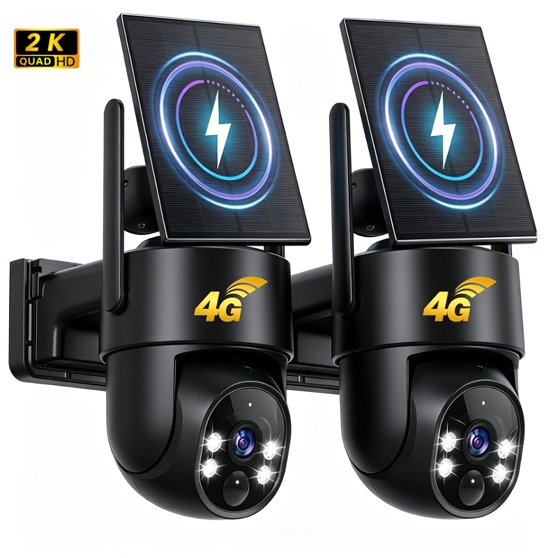 TEMU 2pcs 4g Lte Solar Security Camera Wireless Outdoor, 2k 360° Ptz Panoramic With Ai Human Detection Auto Tracking, Color Night Vision, Audio,