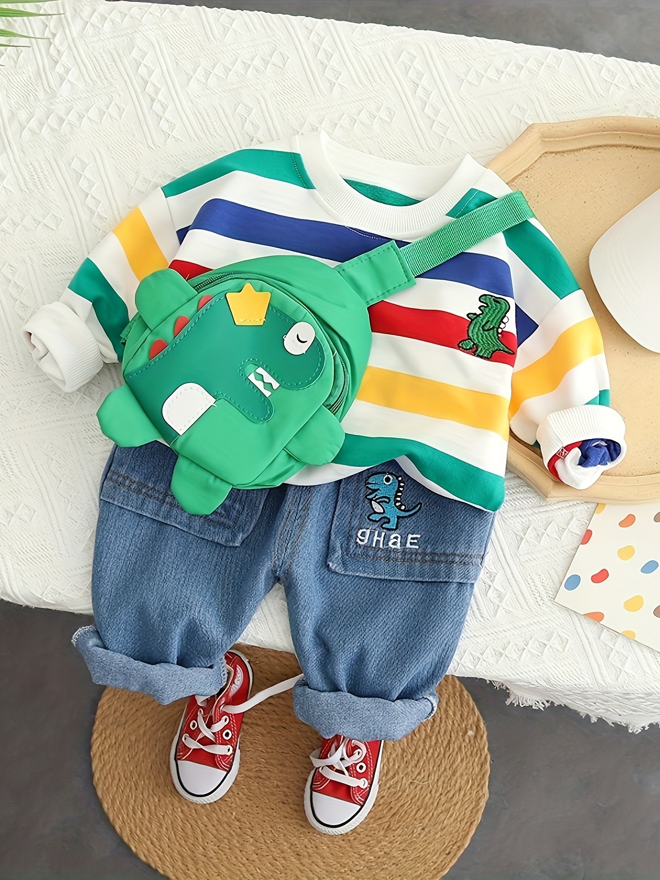 Children's autumn clothing, boys and girls, 2024 autumn clothing boys set striped round neck jeans 2pcs set with bag, Perfect for Outdoor - Image 6