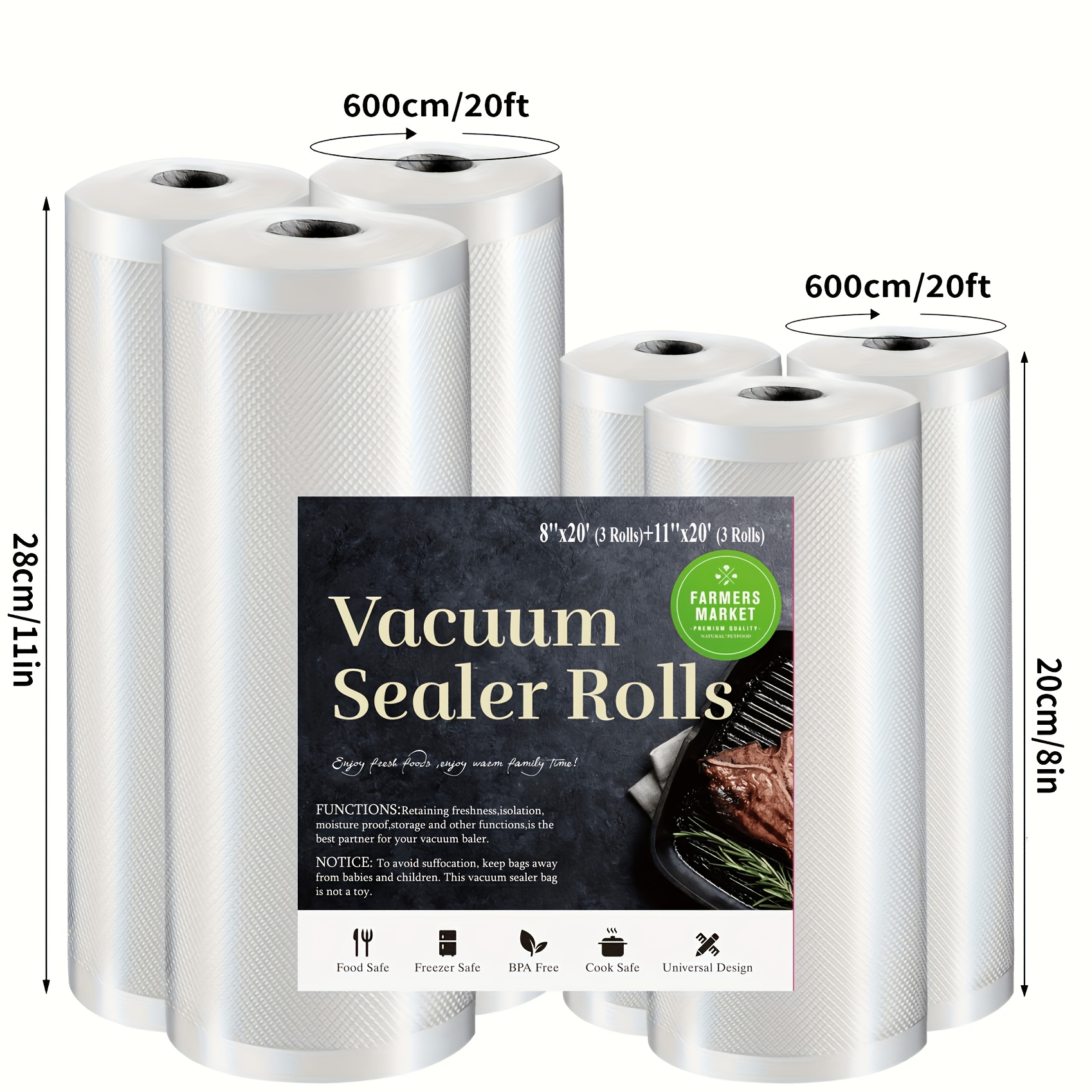 TEMU 6 Count Food Vacuum Sealer Bags Multipack Self-cut, 3 Rolls 11"x 20'+ 3 Rolls 8"x 20' | 6 Pack, Thick Embossed Roll Bags For Dry/ Airtight Food