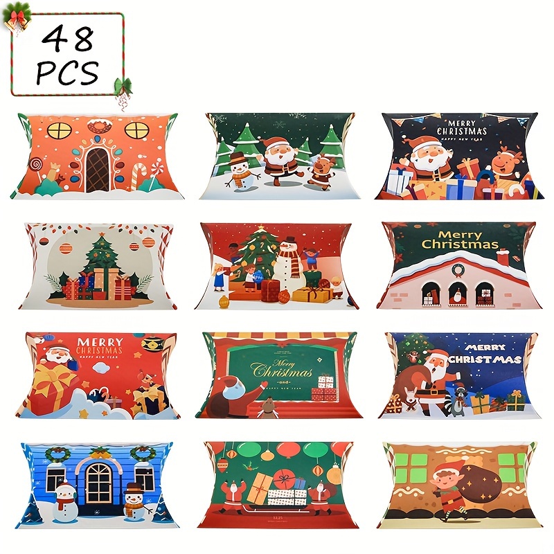 Image of Set Of 48 Christmas-themed Pillow Boxes For Small Gifts, Featuring 12 Different Designs. Decorative Paper Containers Are Perfect For Holding Gift Cards, Jewelry, And Party Favors For The