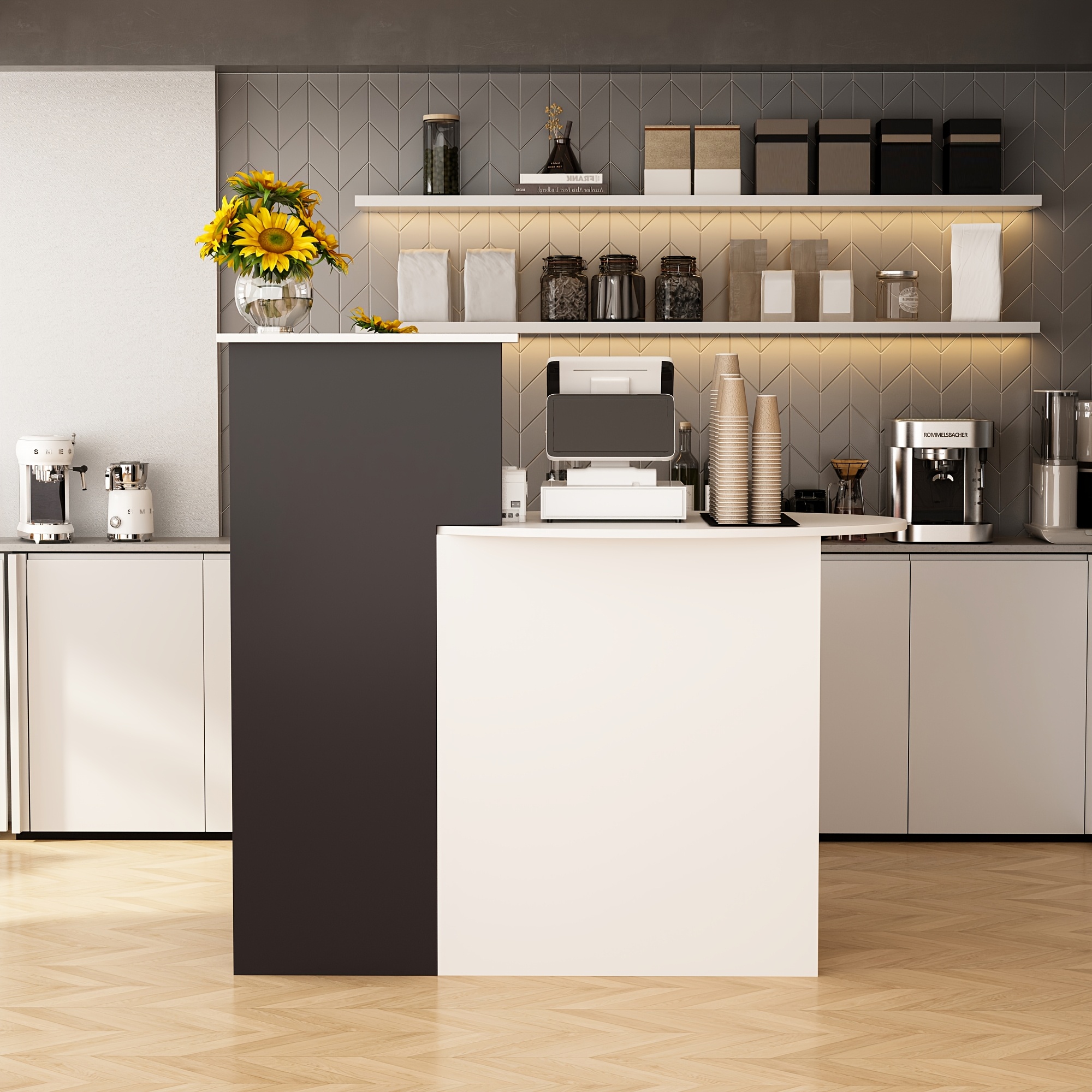 TEMU 1pc Escritorio de Recepción Contemporáneo de Madera con Cajón y Estantes de Almacenamiento, Negro y , Base de Patas, para Oficina de de Salón -