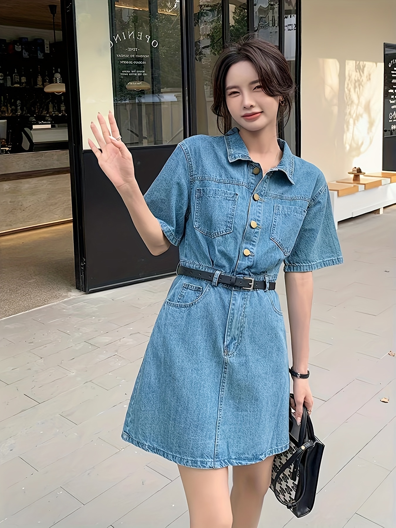 Women's Vintage Non-Stretch Jeans Dress *-Length collar A-Line skirt,  Belted Waist Casual to Formal Outfit for Everyday Machine Washable
