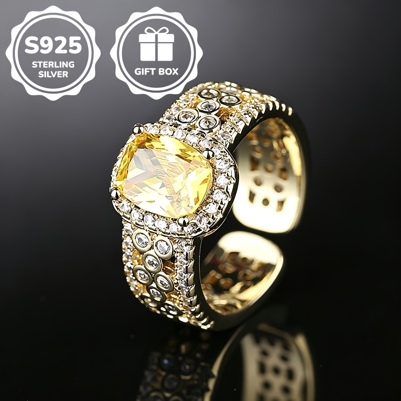 Image of 1pc S925 925 Silver Luxurious Fashion Yellow Synthetic Synthetic Zircon​ Ring, Unisex, Open Adjustable, High-quality Jewelry, Suitable For Daily Casual And Banquet Party Wear, Engagement Proposal Ring