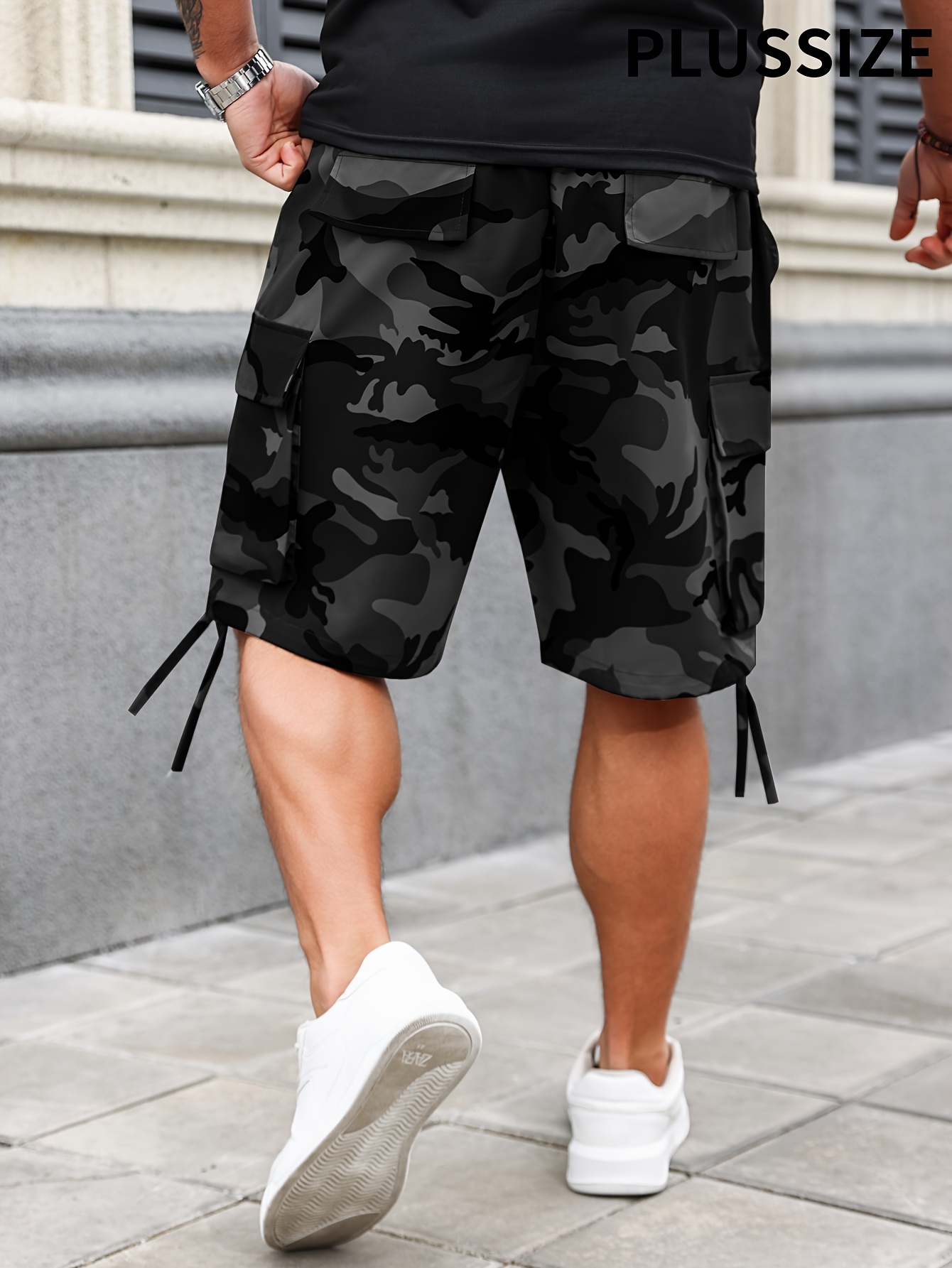 Men's Plus Size Camouflage Cargo Shorts - Elastic Waist with Adjustable Drawstring, Multiple Pockets, Regular Fit Casual Outdoor Shorts for Casual Attire, Camouflage Shorts, Comfortable Fashion, Durable Design, Summer Wear, Geometric Pattern, Nonstretch Fabric, Big And Tall, PLUS SIZE