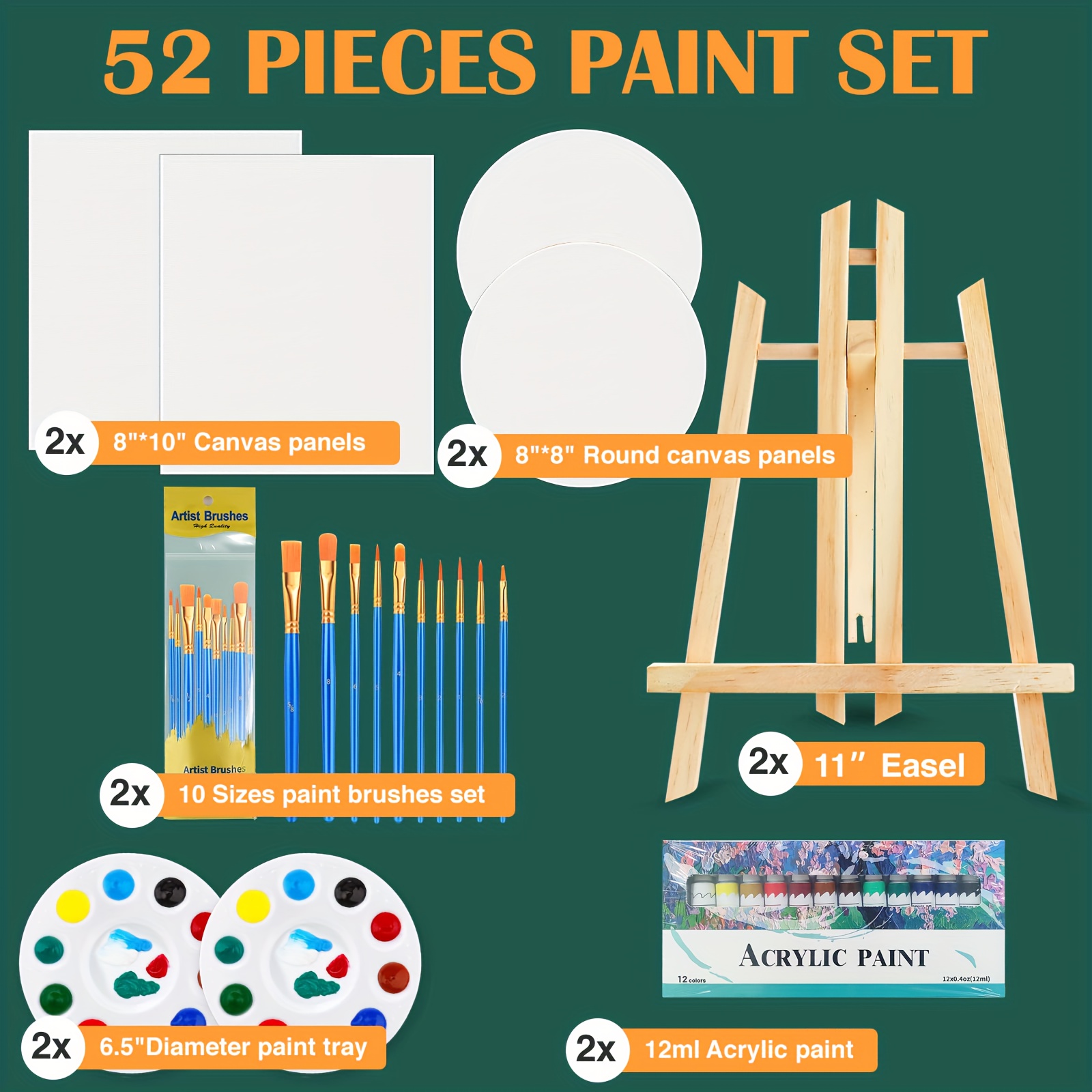 TEMU 52pcs Art Set For Beginners - Acrylic & Watercolor Painting Kit With Brushes, Palettes & Paints - Includes 2 Brushes, 4 Palettes & 12 Bottles Of