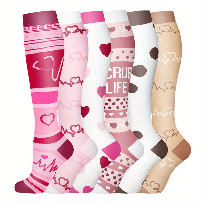 

6-pack Socks For Nurses - Polyester & Elastane , Breathable Knit Fabric, Machine Washable, Heart Pattern, Support Socks For Running & Marathon