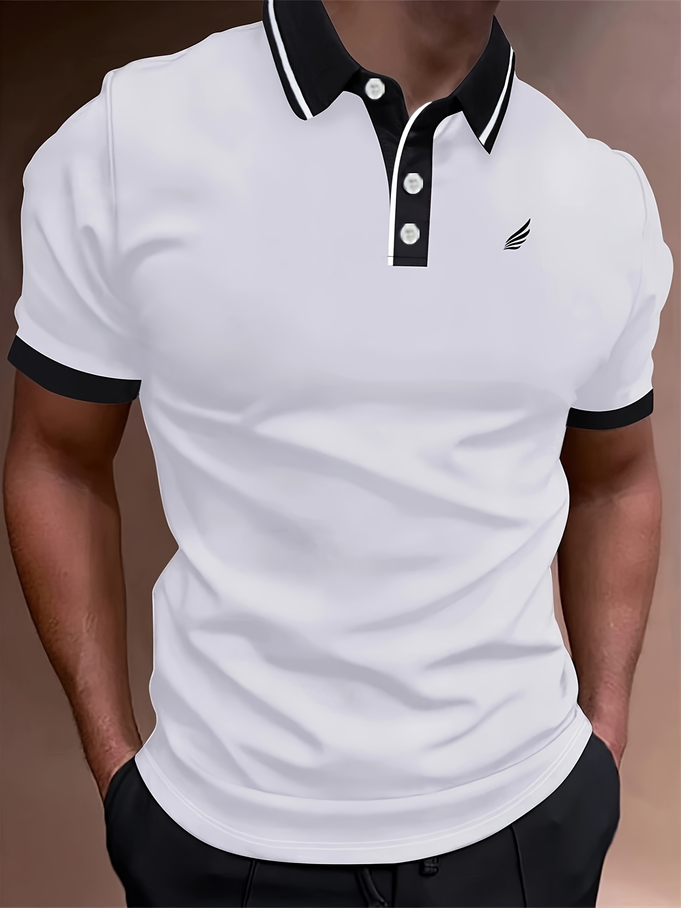 Men'S Lightweight Breathable Summer Shirt - Solid Color Black with White Logo, Short Sleeve, Button-Up Collar, Regular Fit for Golf, Tennis & Casual Wear, Golf Shirt, Golf Attire, Sleek Sporty Design, Comfortable Fabric