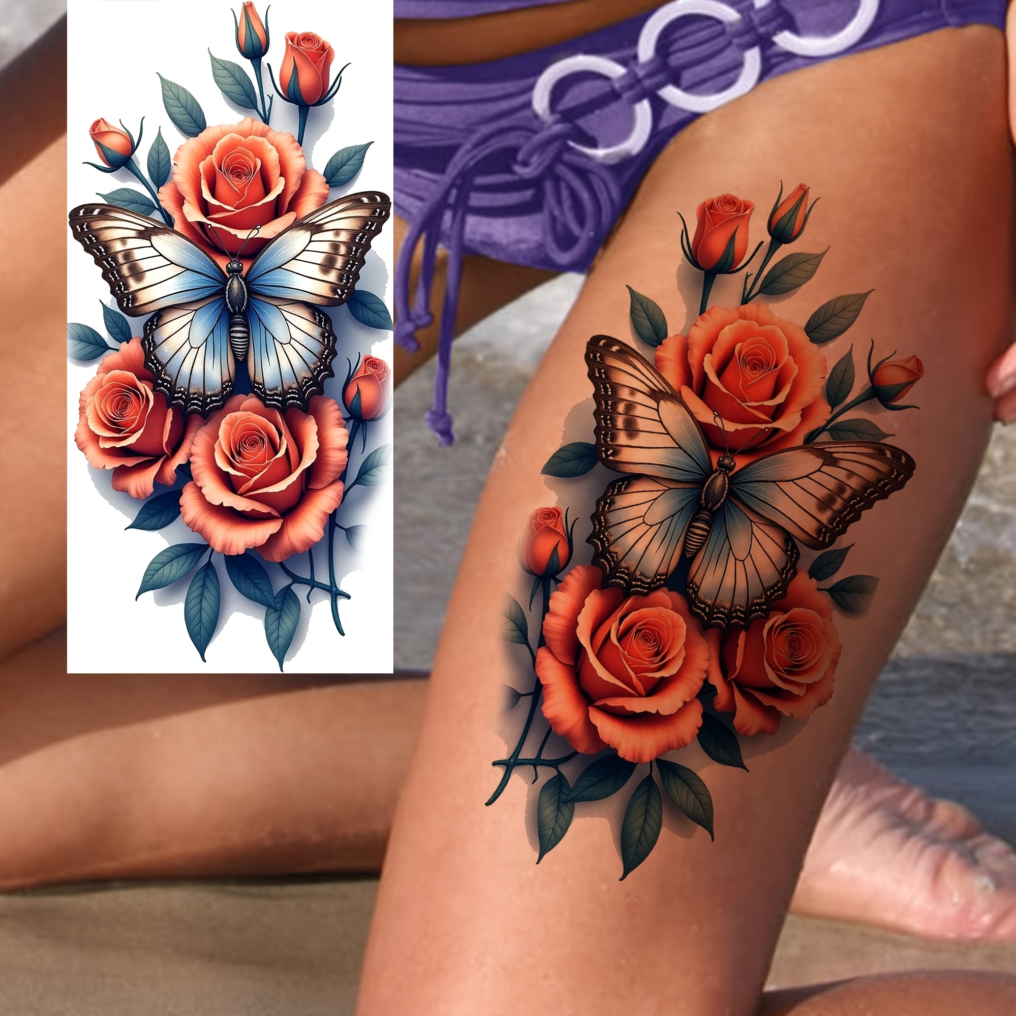 A Temporary Tattoo Of A Rose And For Men And Women, Suitable For Adult , Thighs, Forearms, And Calves, Featuring A Realistic, Waterproof Design