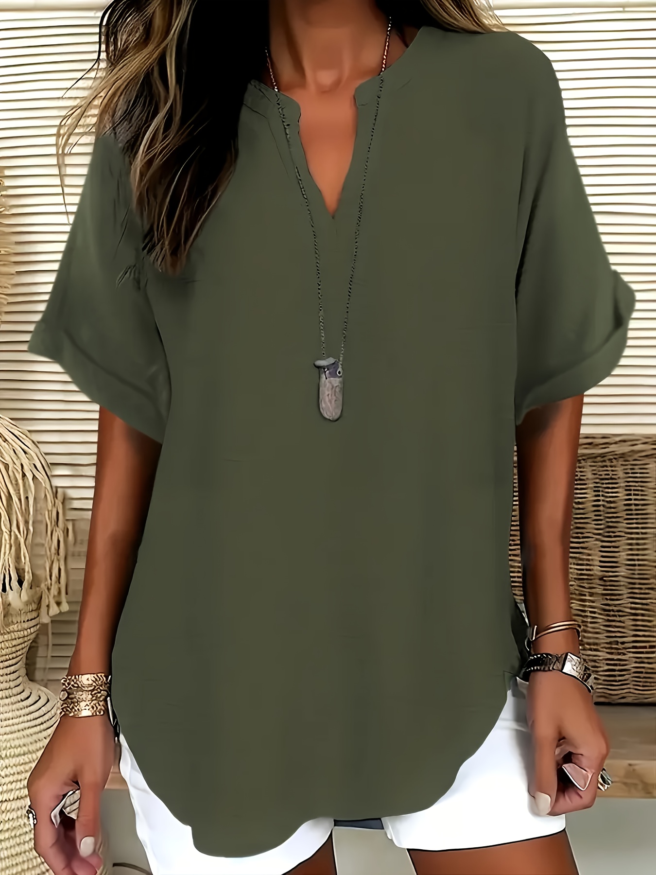 Elegant Plus Size Women'S V-Neck Short Sleeve Blouse - Light Gray, Casual & Stylish for Spring/Summer, Relaxed Fit with Half-Sleeve Design, Casual Wear | Relaxed Fit Top | Stylish Necklin