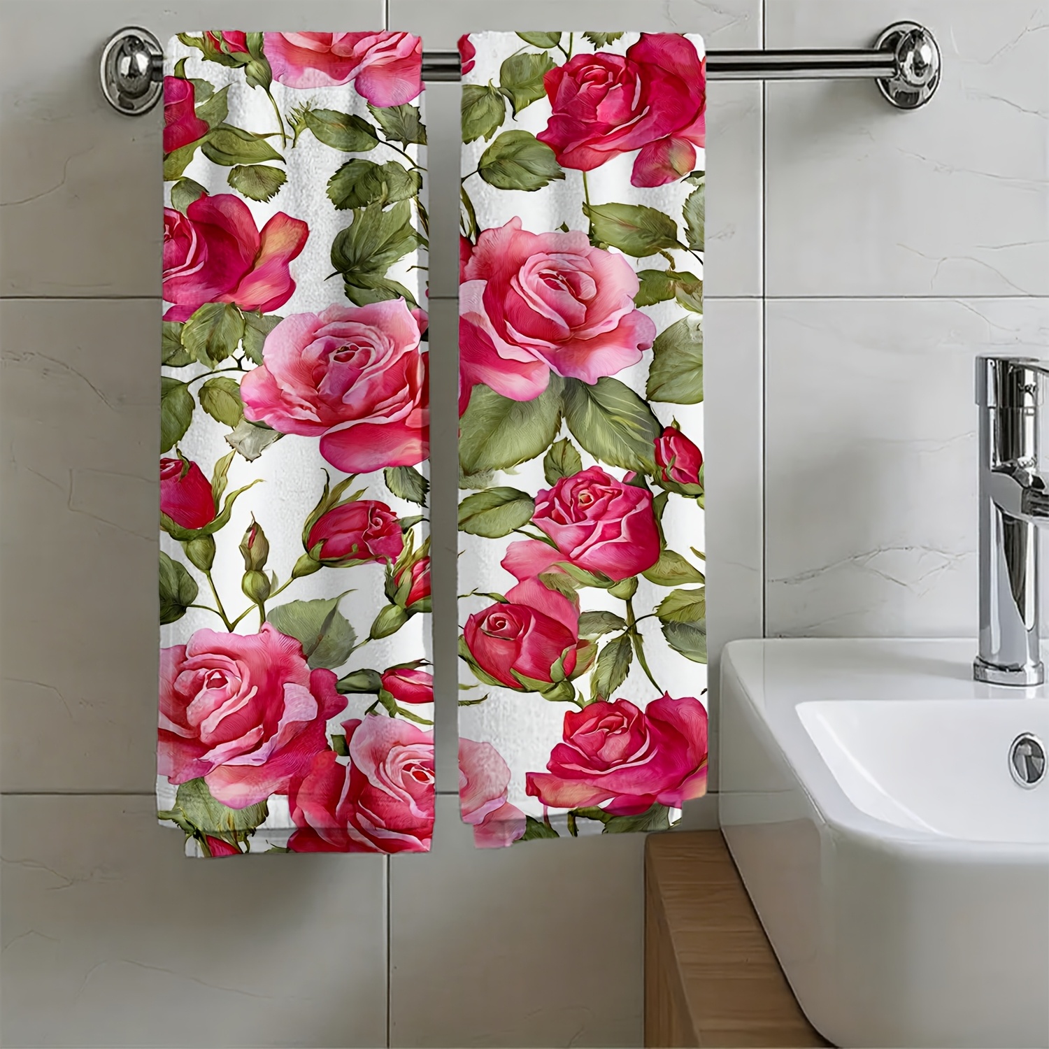 TEMU 1 pieza, 2 piezas Toalla con estampado floral romántico de rosas y de dibujos animados, toalla de , adecuada para baño, , cocina, etc., regalo