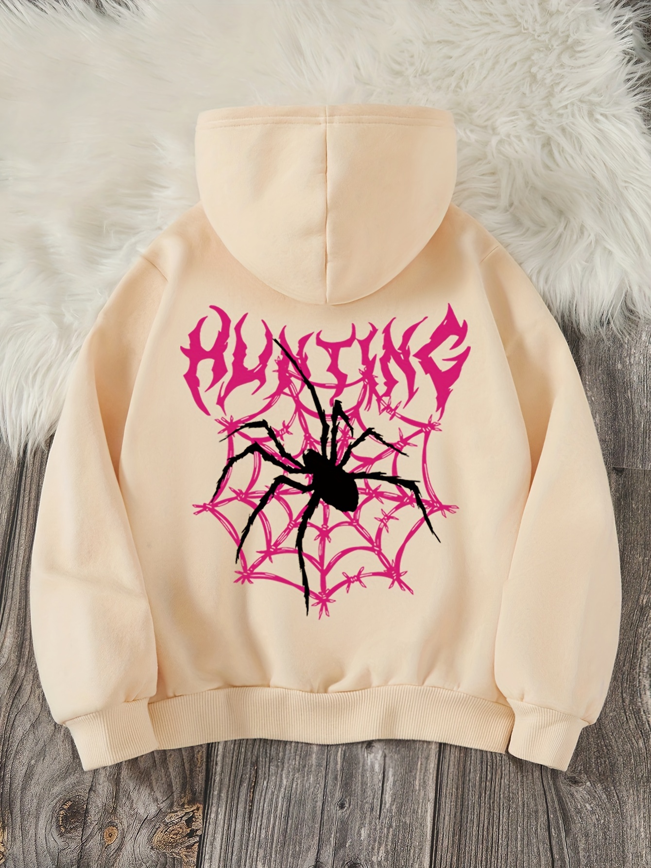 girls pink spider web print hoodie cozy long sleeve machine Temu