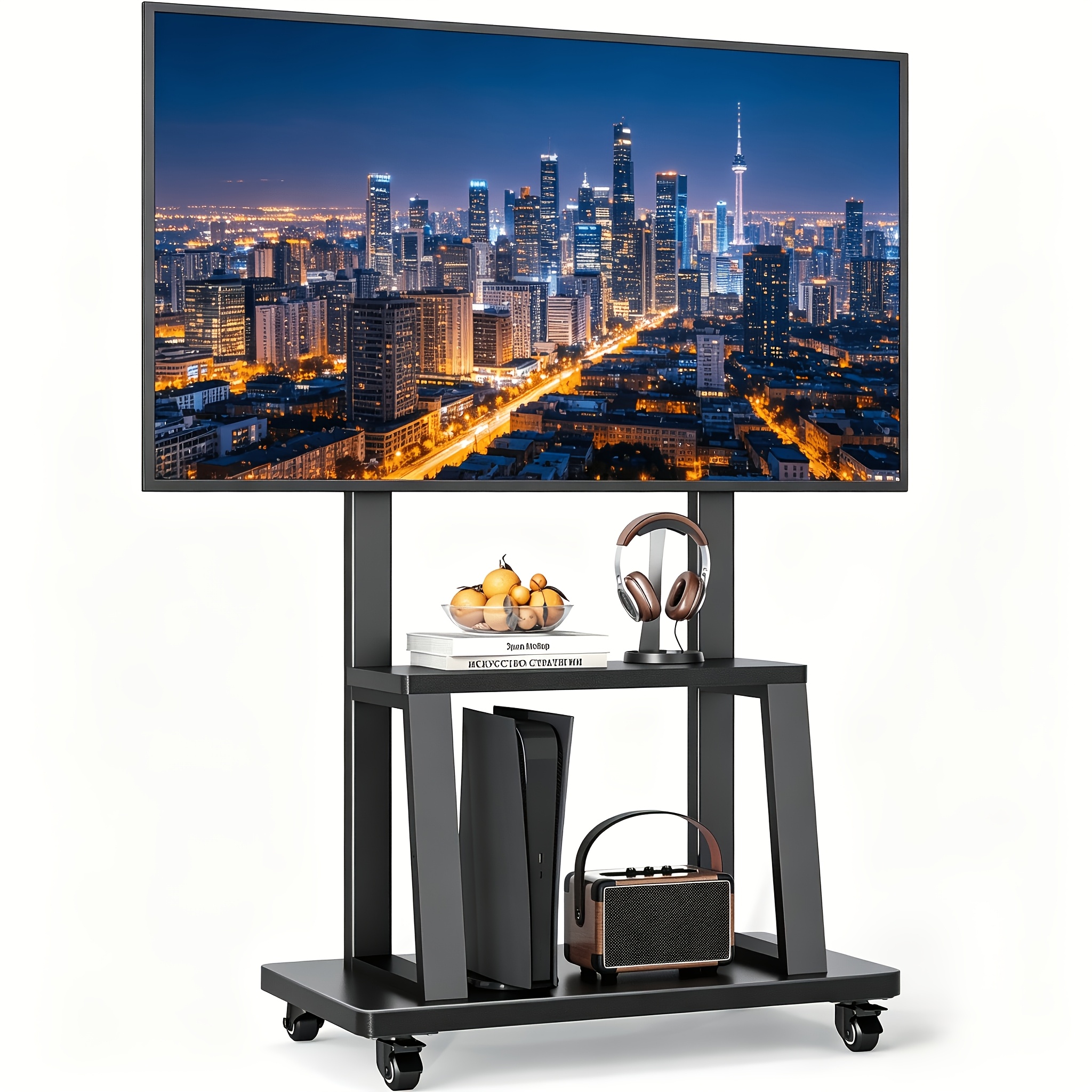 TEMU Heavy Duty Rolling Office Tv Stand Cart, Universal Tv Stand, Mobile Base With Storage Shelf For 37-70 Inch Tvs, Holds 145lbs, Fits For Home